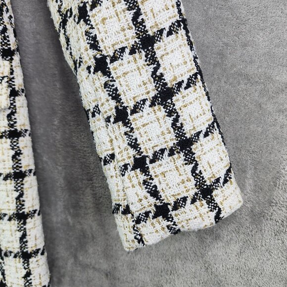 Womens Shein Black White & Gold Checkered Tweed Blazer Jacket Double Breasted L - Picture 5 of 11